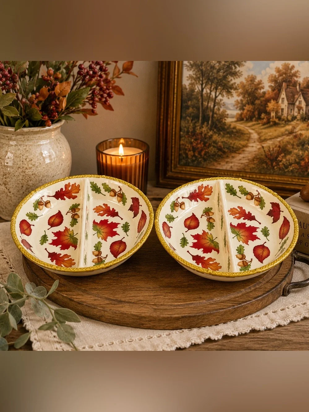 Temp-Tations Ceramic Divided Serving Bowls with Red, Green & Yellow Leaf Motif